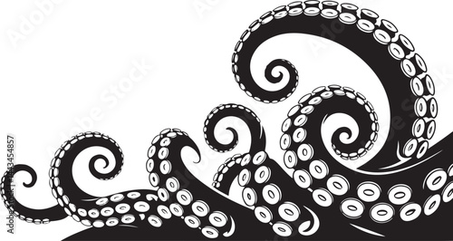 Illustration of Octopus Tentacle Icon with Waves Silhouette Vector for Sea, Ocean, and Marine Designs