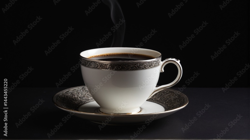 Elegant cup of dark, steaming coffee in a decorative porcelain cup with intricate silver trim, presented against a simple black backdrop. Elegant cup of dark, steaming coffee in a decorative porcelain cup with intricate silver trim, presented against a simple black backdrop.