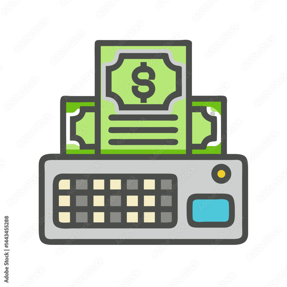 Fototapeta premium Cash Register with Money Bills Icon – Retail Payment Sales Transaction Line Symbol