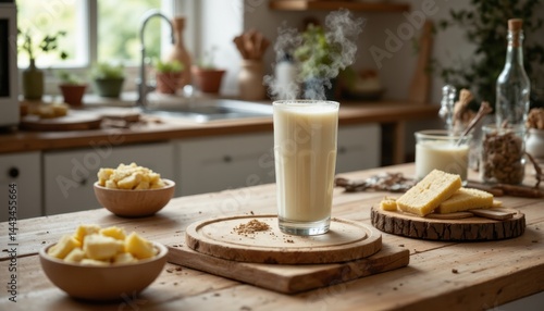 Wallpaper Mural A steaming glass of milk is served with butter, bread, and cheese on a rustic wooden kitchen table, creating a cozy breakfast scene. Torontodigital.ca