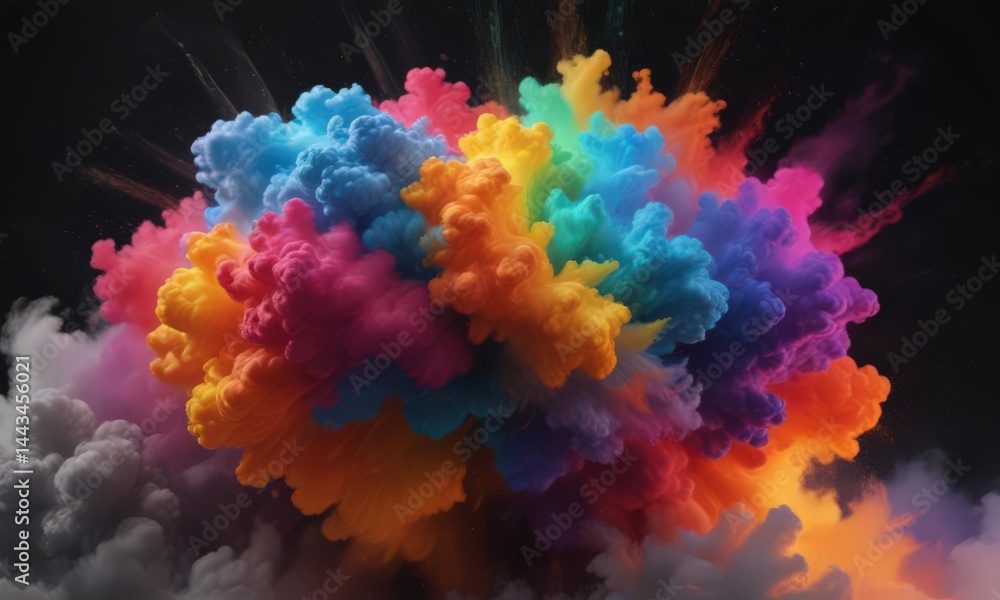 Obraz premium Swirling cloud of rainbow hues explodes on black canvas, intense saturation , graphic, chroma, swirling