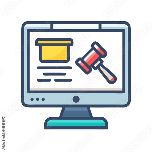 Computer Screen with Gavel and Cart Icon – Online Legal & E-commerce Concept Outline Vector