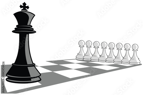 105 Chess pieces, black king, rows of pawns, dramatic perspective, symmetry, power dynamics, strategy, leadership, monochromatic, glossy surfaces, depth of field, chess game concept, 3D rendering, hig