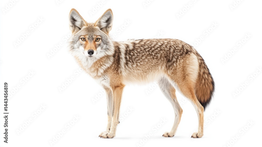 A coyote standing alert with its ears raised, isolated on white background. A coyote standing alert with its ears raised, isolated on white background.