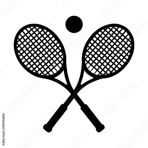 Minimalist silhouette of two crossed tennis rackets with a ball isolated on a white background