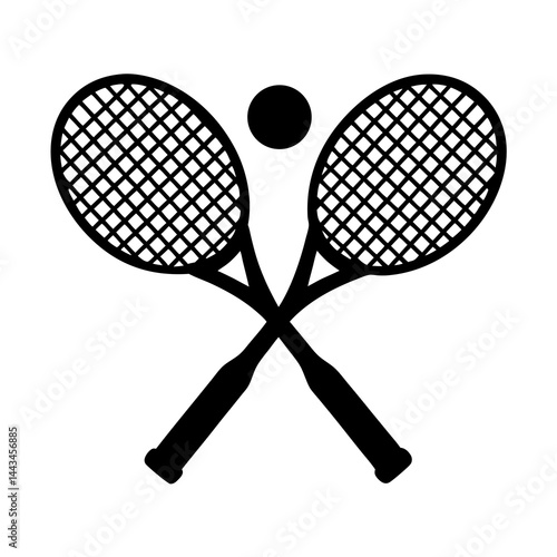 Minimalist silhouette of two crossed tennis rackets with a ball isolated on a white background