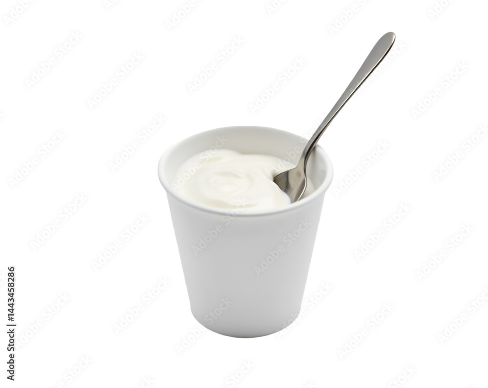 Isolated creamy white yogurt cup with a sleek silver spoon offering a healthy and delicious snack option for breakfast or a light dessert treat
