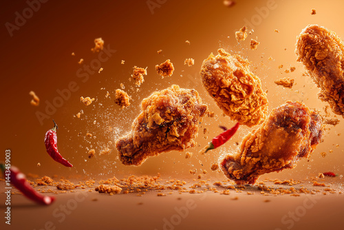 Commercial food photography, several KFC chicken wings exploding in the air, with lots of debris and some chili peppers, clean background, warm colors, studio lighting, surrealism and rich details