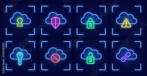 Colorful cloud security symbols symbol set, cyber neon visual, glowing border grid vector.