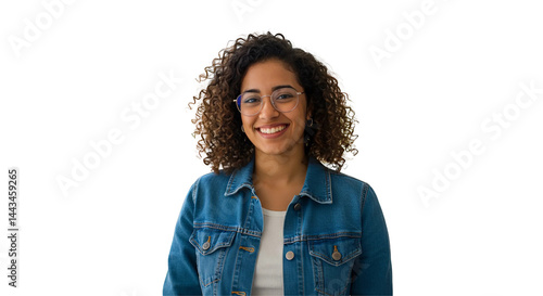 Happy Young Woman in Glasses and Denim Jacket Transparent Background