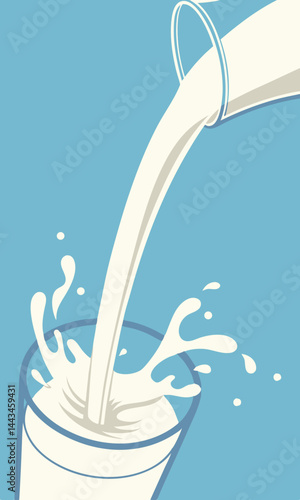 pouring milk into the glass isolation on a light blue background, vector graphic