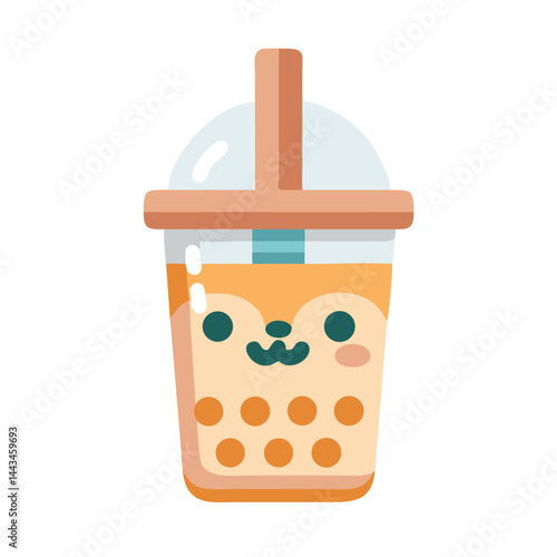 Cute Animal Face Bubble Tea Cup Icon: Adorable Kawaii Boba Drink & Sweet Beverage Design