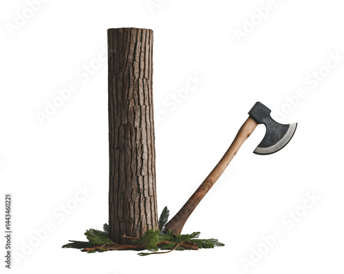 Isolated Log and Axe Composition, A Rustic Still Life Depicting Natural Wood Texture, Sharp Axe Blade, and Forest Floor Debris, Displaying Wilderness Elements