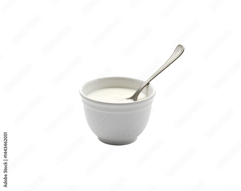 Isolated pristine white yogurt cup accompanied by a silver spoon, presenting a clean and minimalist aesthetic ideal for health and nutrition related themes Isolated pristine white yogurt cup accompanied by a silver spoon, presenting a clean and minimalist aesthetic ideal for health and nutrition related themes