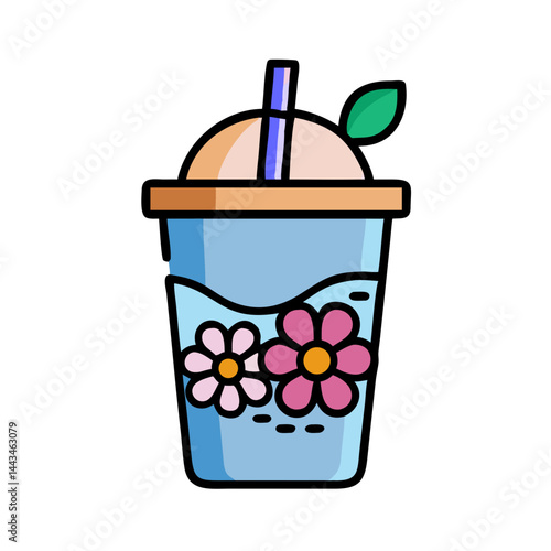 Refreshing Flower Garnished Bubble Tea Glass Icon: Premium Floral Boba Drink Illustration
