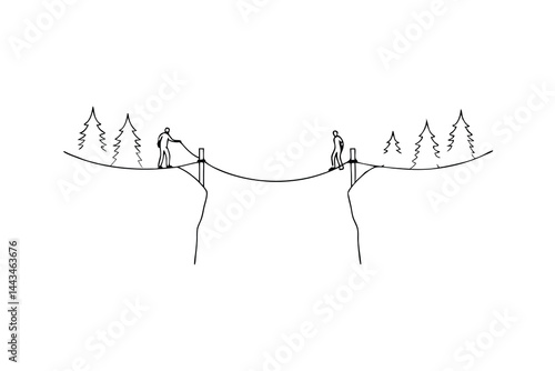 Hand drawn illustration of two figures crossing a chasm on a rope bridge