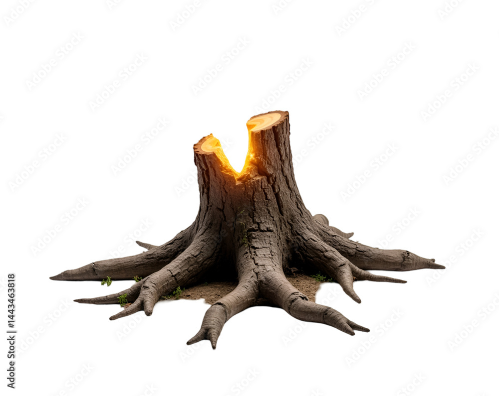 Isolated tree stump with a unique split glows warmly suggesting resilience, renewal, or inner strength against a stark yet minimalist backdrop Isolated tree stump with a unique split glows warmly suggesting resilience, renewal, or inner strength against a stark yet minimalist backdrop