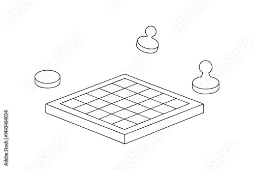 Isometric chessboard illustration with pieces minimalist outline style vector design