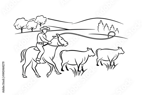 Minimalist cowboy riding horse herding cattle in rural landscape vector illustration