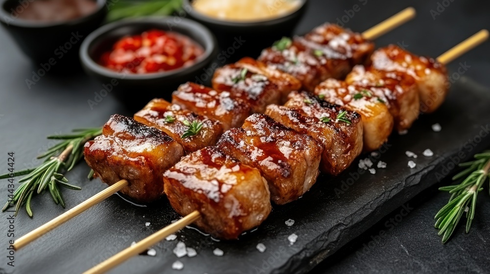 Grilled pork skewers with sauces. Grilled pork skewers with sauces.