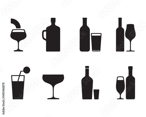 Black silhouette alcoholic beverages assorted drink icons vector illustration on white background