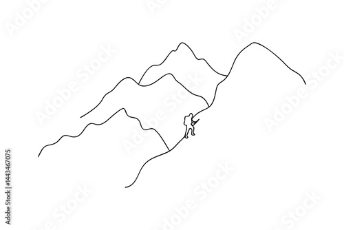 Minimalist line art illustration of a mountain climber ascending rugged mountain range
