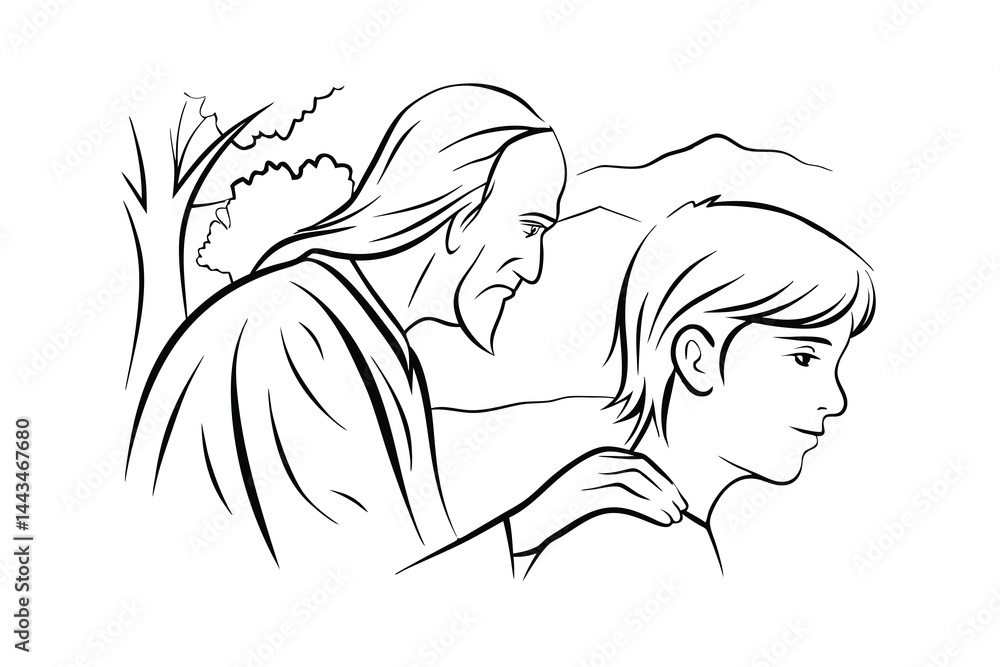 Comforting hand drawn illustration of a man placing hand on boys shoulder Comforting hand drawn illustration of a man placing hand on boys shoulder