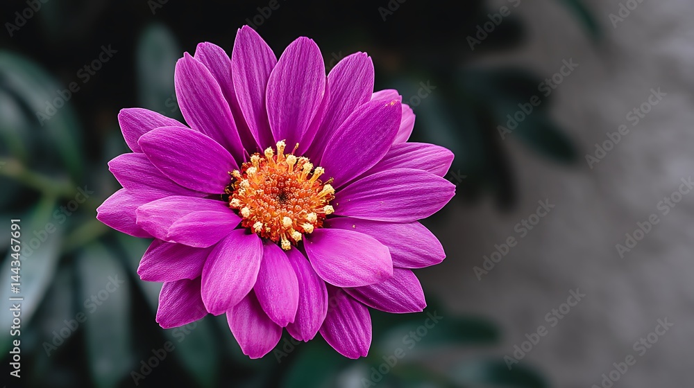Obraz premium Close-up of a vibrant purple flower with a yellow center. Green leaves surround it