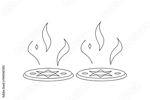 Burning magical plates illustration with star design and simple line art
