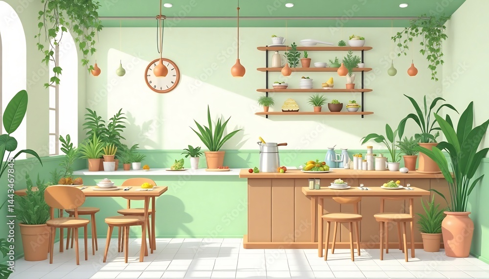 Obraz premium Cozy Green Cafe: A sun-drenched cafe, enveloped in the tranquility of nature, adorned with verdant plants, creating an inviting ambiance for relaxation and enjoyment.