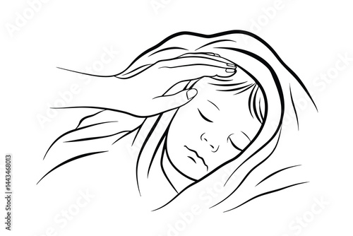 Tender hand gently caressing a sleeping baby black and white line art