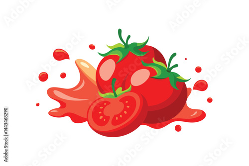 realistic sliced ripe tomato in red juicy splash