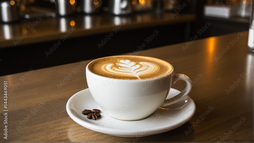 Fototapeta premium Indulgent Morning: Aromatic Coffee with Latte Art and Roasted Beans on a Cozy Cafe Countertop.