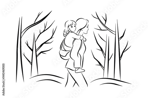 Mother with child piggyback walking through woods black and white illustration