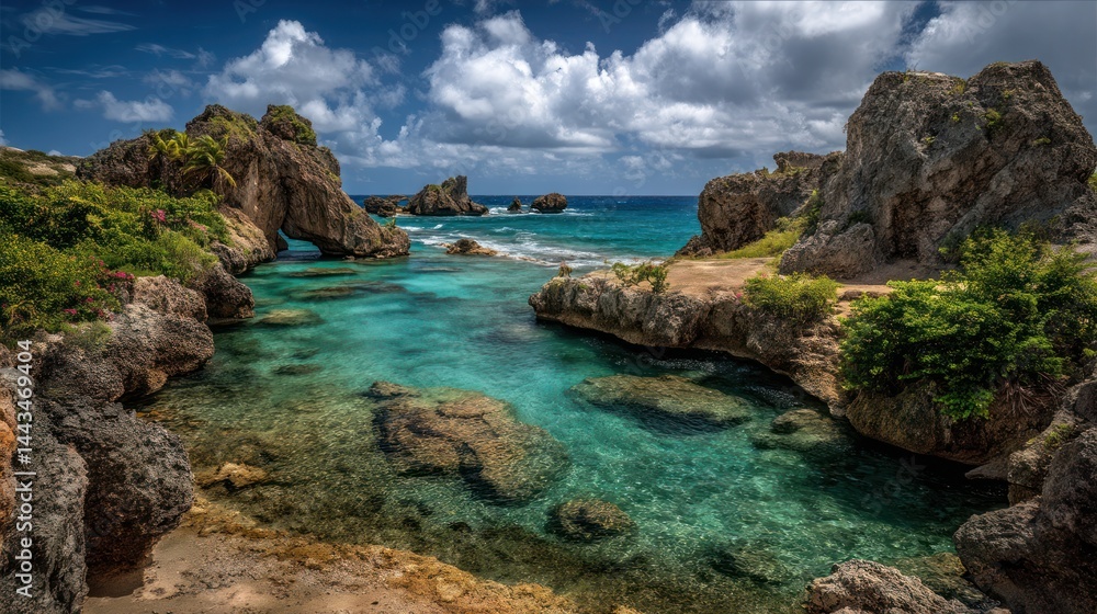 Tranquil cove, turquoise water, and dramatic rock formations. Clear, shallow water leading to a picturesque hidden cove. Lush vegetation and dramatic rock formations meet the turquoise water Tranquil cove, turquoise water, and dramatic rock formations. Clear, shallow water leading to a picturesque hidden cove. Lush vegetation and dramatic rock formations meet the turquoise water