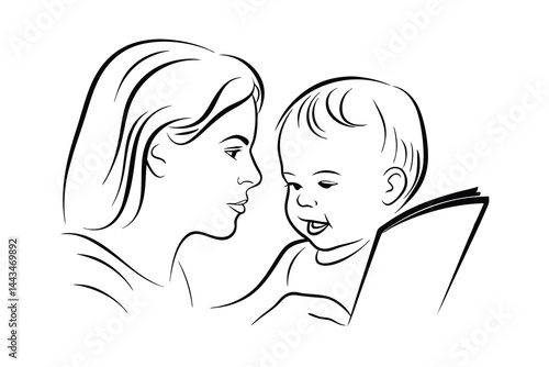 Mother reading to her baby vector outline illustration family and parenthood