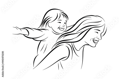 Minimalist illustration of mother giving piggyback ride to child filled with happiness