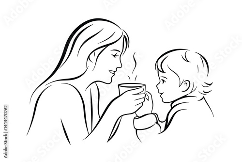 Mother and child sharing a cup of warm drink line art illustration