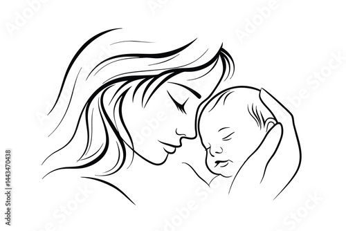 Elegant line art depicting mother holding newborn baby with love and affection
