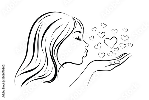Woman blowing kisses of love minimalist line art illustration design