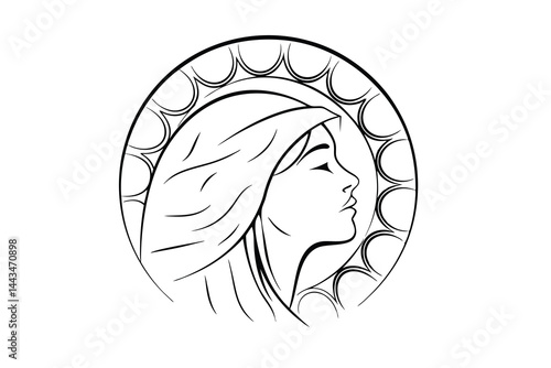 Elegant woman in profile with veil black and white vector illustration