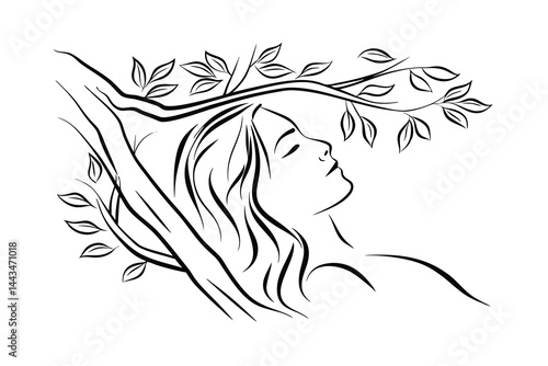 Serene woman under tree branch minimalist line art vector illustration