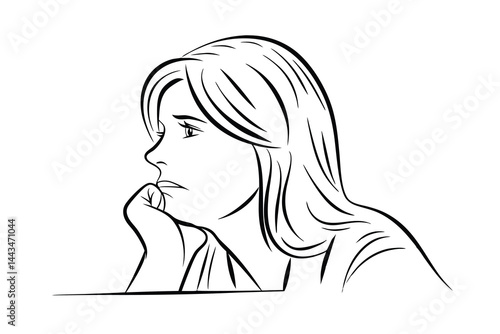 Line art portrait of a pensive woman expressing sadness and loneliness