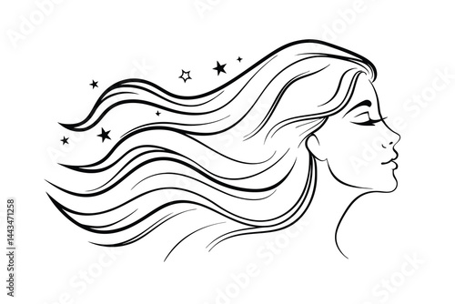 Elegant woman with wavy hair and stars line art vector illustration