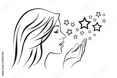 Elegant woman blowing stars outline beautiful girl making wish isolated design