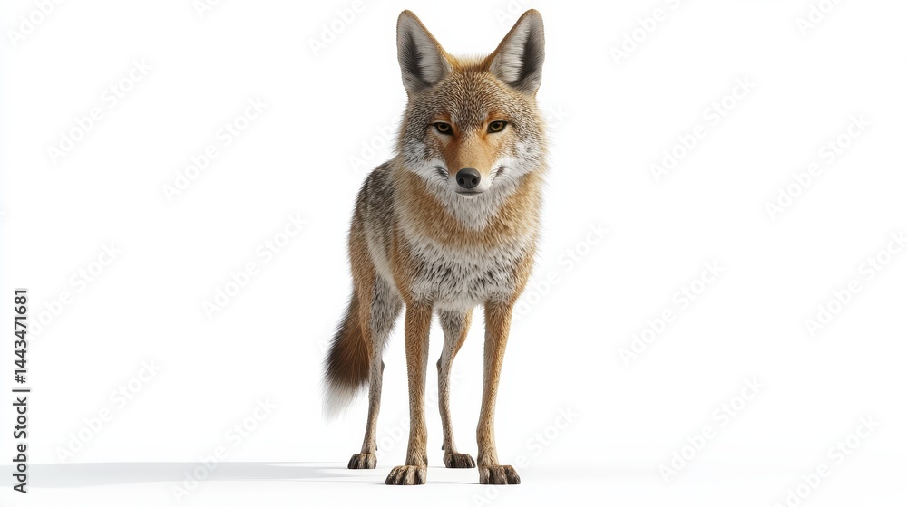 Fototapeta premium A coyote standing alert with its ears raised, isolated on white background.