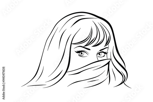 Mysterious woman portrait with covered face black and white outline illustration
