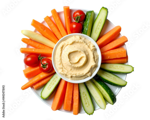 Overhead shot showcasing a colorful and fresh vegetable platter arranged with a creamy dip, capturing the essence of healthy snacking and vibrant presentation