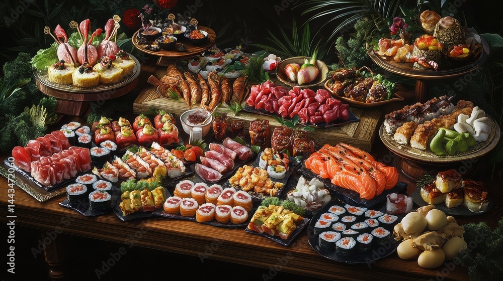 Luxurious buffet table with a variety of gourmet appetizers, including sushi, cold cuts, and desserts, for a high-end event Luxurious buffet table with a variety of gourmet appetizers, including sushi, cold cuts, and desserts, for a high-end event