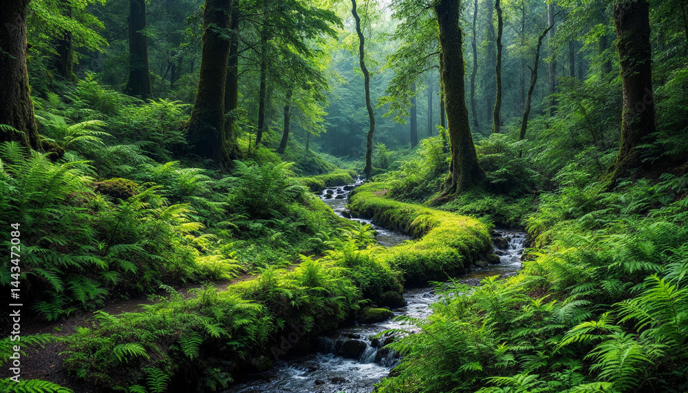 Fototapeta premium Lush forest path splits near stream with soft light and vibrant green foliage.
